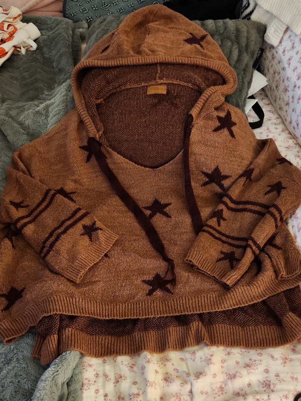 POL Brown Hooded Star-Print Knit Sweater